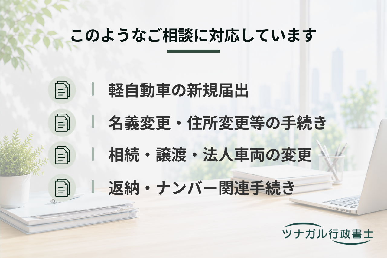 軽自動車届出（新規届出・名義変更・住所変更・返納・ナンバー関連）（i038）