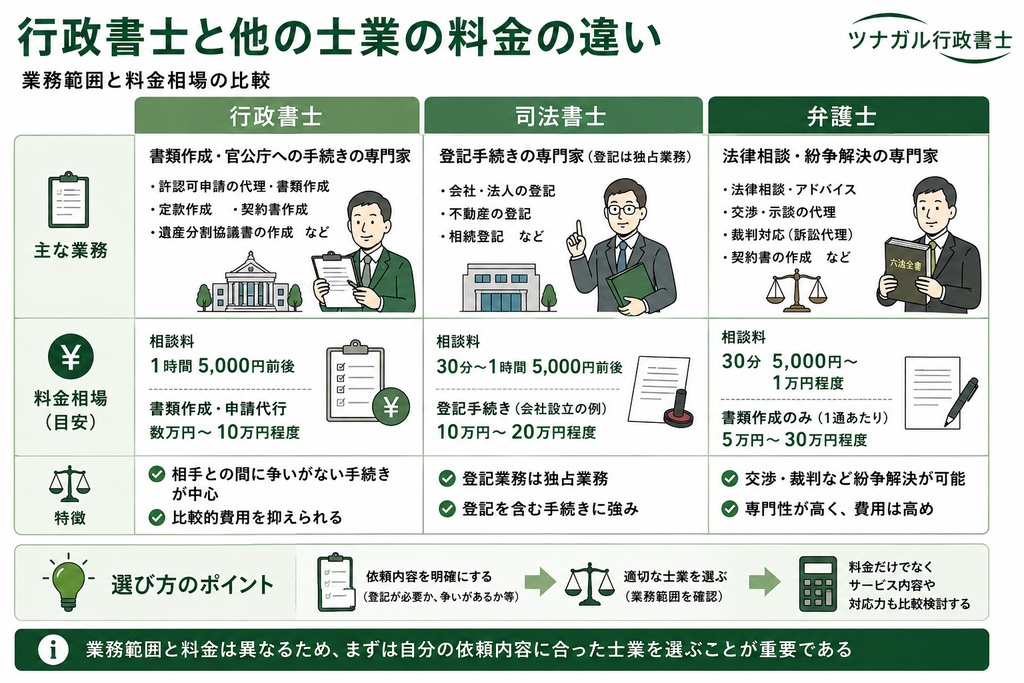 行政書士と他の士業の料金の違い