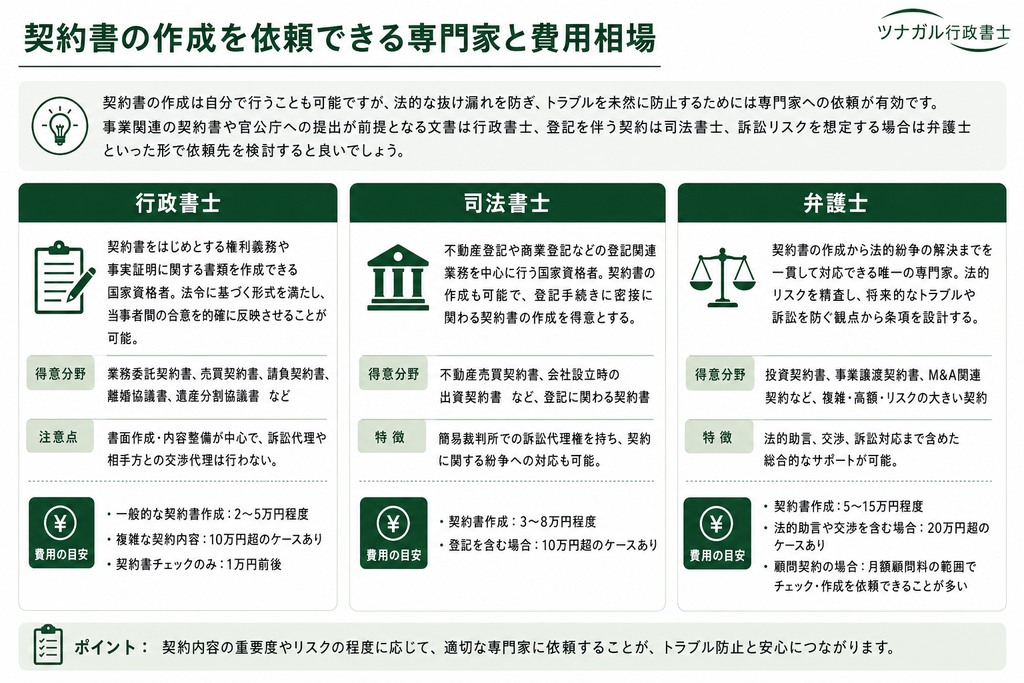 契約書の作成を依頼できる専門家と費用相場