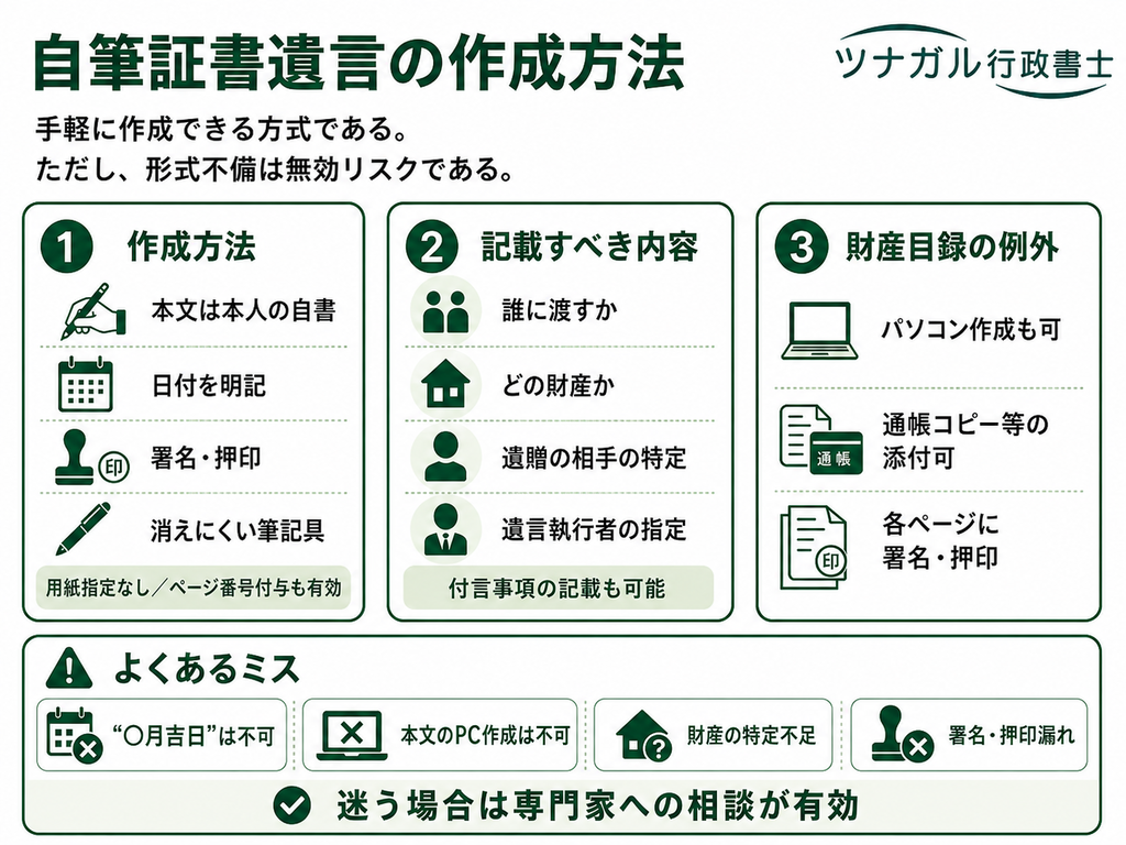 自筆証書遺言の作成方法と記載すべき内容